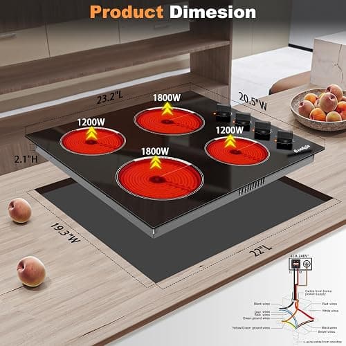 Cooksir Electric Cooktop 24 Inch - 4 Burner Built-in Electric Stove Top 6000W, Radiant Electrical Stovetop with 9 Heating Level, Knob Control, Auto Shut Off Protection, 220-240V Hard Wired (No Plug) thumbnail 3