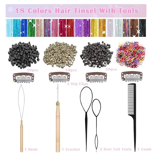 Aokomisu Hair Tinsel, 18 Colors 7800 Strands 48 Inch Glitter Tinsel Hair Extensions Kit Heat Resistant Daily Use Festivals Shiny Fairy Hair Accessories for Girls Kids Women (18 Colors) thumbnail 2