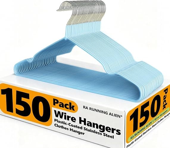 150 Pack Clothes Hangers,Non Slip Blue Plastic Coated Metal Coat Hanger for Closet,Sturdy Thin Hangers Bulk Space Saving Hangers for Pants,Skirt,Shirt,Dress,Tie - Image 1