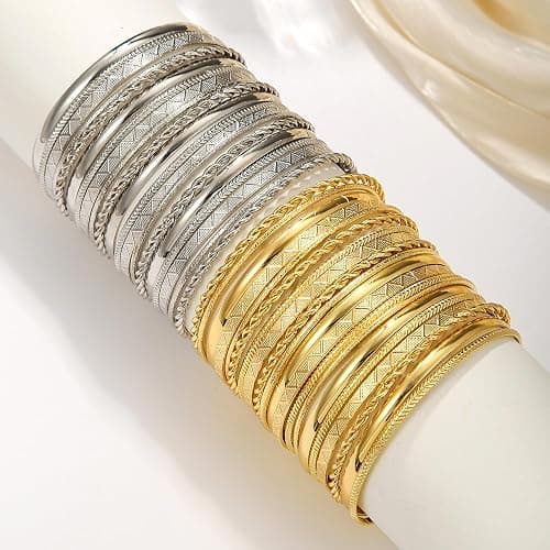 RINTOLER 16Pcs Gold Bangle Bracelets for Women - Multi Layer Stackable Textured Bracelets Boho Jewelrys Set. thumbnail 3