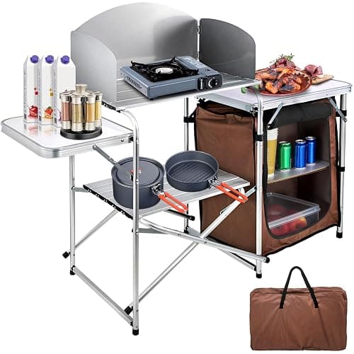 VEVOR Camping Kitchen Table, Aluminum Portable Folding Camp Cook Station with Windscreen, Cupboard, Storage Organizer, Carrying Bag, Quick Installation for Outdoor Picnic Beach BBQ RV Traveling, Brown - Image 1