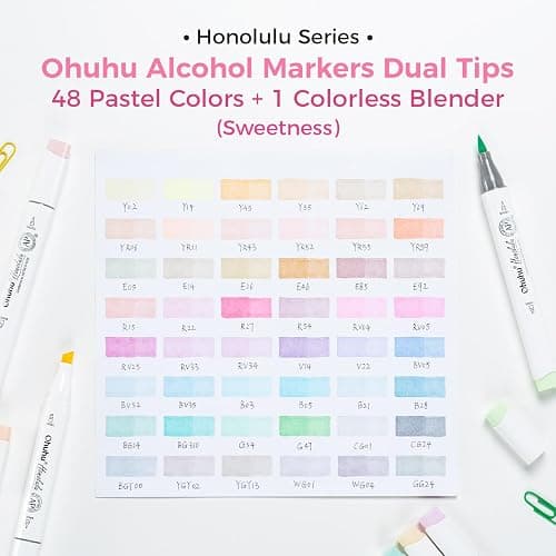 Ohuhu Pastel Alcohol Markers 48 Brush & Chisel Refillable Set (Sweetness) | Sweet Pastel Shades Perfect for Aesthetic Art Bullet Journals & Calligraphy Easy Blending No Smudging - Honolulu thumbnail 5