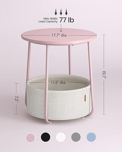 VASAGLE Small Round Side End Table, Small Nightstand with Fabric Basket | Modern Bedside Table, for Living Room, Bedroom, Jelly Pink and Cream White, LILEA Collection ULET223R61 thumbnail 2