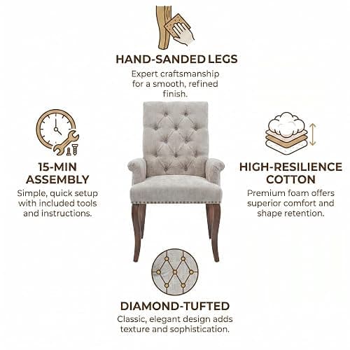 Bannion Upholstered Dining Chairs with Arms Set of 6, Greyish Beige, 6 Pack | Tufted Chenille Kitchen Chairs with Arms, Modern Farmhouse Armchair with Nailhead Trim for Dining Room, Home Office thumbnail 6