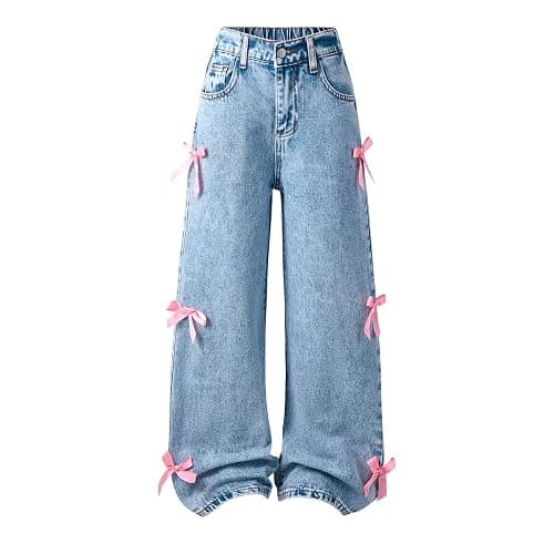 Bow Jeans for Girls Wide Leg Baggy Denim Pants Cute High Waisted Trousers Kids Casual Y2k Streetwear with Pockets 6-14Y thumbnail 2