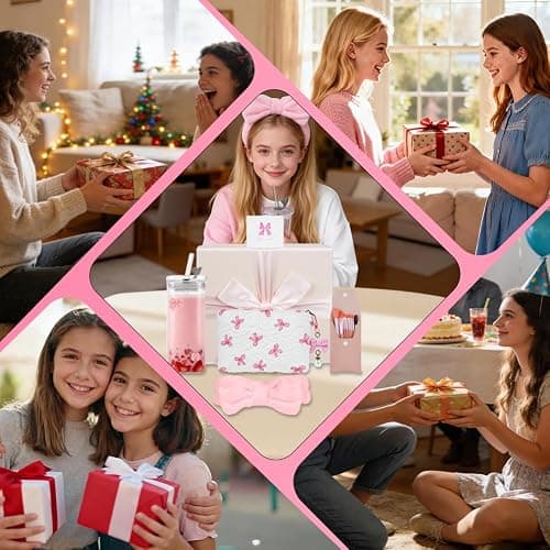 AUYAO Gifts for Girls Teenage Women Christmas Birthday Gift Set Coquette Pink Bow Gift Set with Glass Cup with Lid and Straw Headband Makeup Brushes Cosmetic Bag Greeting Card Unique Presents thumbnail 7