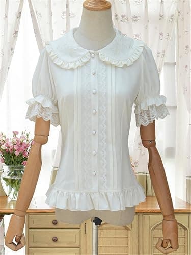 TanQiang Women's Sweet Lolita Shirt Short Puff Sleeve Flower Embroidered Peter Pan Collar White Ruffle Blouse thumbnail 3