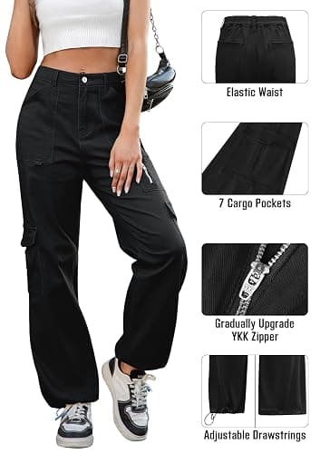 IVIR Cargo Pants Women High Waist Wide Leg Casual Pants with 7 Pockets Stretchy Drawstring Baggy Y2K Trousers thumbnail 4