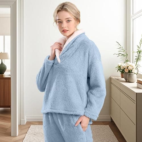 BOSECETA Fluffy Pajamas for Women Set Soft Comfy Fleece Pjs Pullover Pants Loose Plush 2 Piece Sleepwear Fuzzy for Winter thumbnail 6