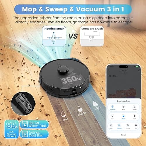 AIRROBO Robot Vacuum and Mop Combo, Self-Emptying, 60-Day Capacity, Home Mapping, Schedule, Wi-Fi/App/Alexa/Remote, 180mins Runtime, T20+ Robotic Vacuum Cleaner for Pet, Hard Floors, Carpet thumbnail 5