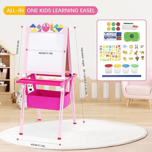 Kids Art Easel,Double-Sided Wooden Easel for Kids with Paper Roll,Height Adjustable Standing Easel with Puzzle Tangram Toys,Storage Box and Other Accessories,Easel for Toddlers 3-10 Years thumbnail 7