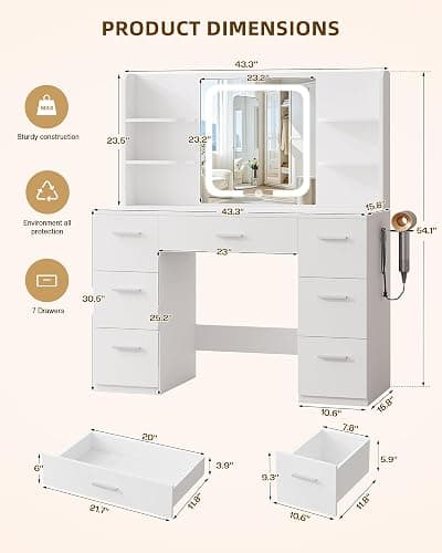 LIVELYGLOW Large Makeup Vanity Desk, 43.3”W x 15.7“D x 53.2”H, White (Large Desktop, Samrt LED Mirror, 4 Open Shelves, 7 Drawers, Hairdryer Rack, Power-Outlet, No Cushion Stool Included) thumbnail 2