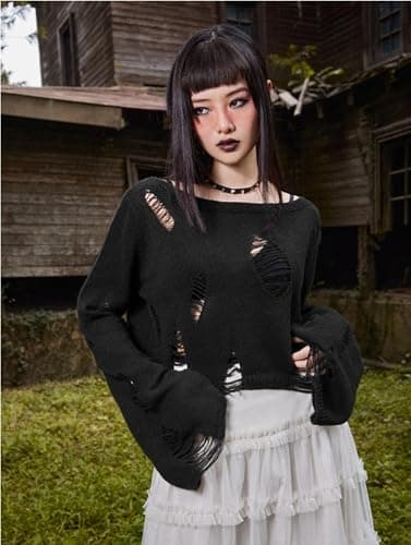 Goth Y2K Striped Sweater Grunge Ripped Punk Gothic Sweaters for Women Harajuku Aesthetic Halloween Pullover Tops thumbnail 6