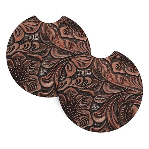 Rustic Western Country Cowboy Tooled Leather Pattern 2-Pack Car Cup Coasters, Universal Neoprene Rubber Drink Holder Inserts for Truck, SUV, Van - Image 1