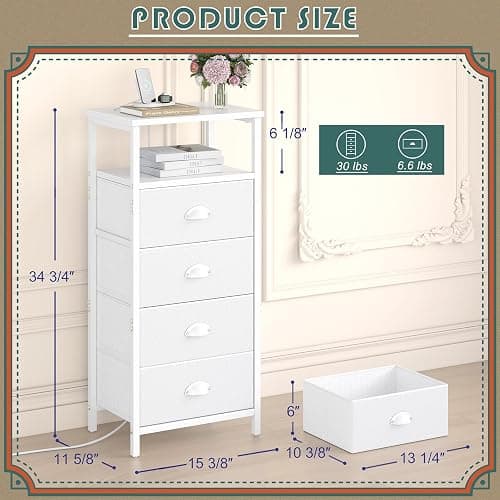 sthmec Nightstand with Charging Station,LED White Nightstand with 4 Fabric Drawers PU Finish, Bedside End Tables, 2-Tier Open Storage Shelf Side Table Nightstand with Drawers for Bedroom,White thumbnail 3