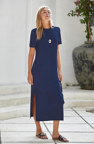 Arach&Cloz Women's Wool Blend Fall Business Casual T Shirts Maxi Dress | Soft Wool Blend, Medium Stretch & Thickness,Crew Neck short Sleeve Maxi Dress With side Slit fits,Casual And All Occasions thumbnail 5