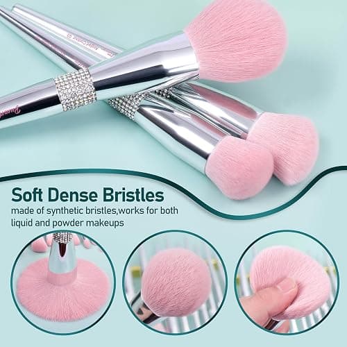 Bueart Design Elegant pink Ultra soft labeled Makeup Brushes Sets with Brush Holder makeup brush set with Foundation Powder blush blending contour Brush (15Pcs Silver Pink+Holder) thumbnail 7