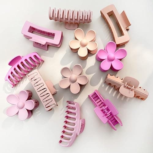 Large Hair Claw Clips 12 Pack, Flower Hair Clips for Thin Hair, Big Square Matte Strong hold for Thick Hair, 3 Styles Hair Clips for Women Thick Hair Pink Colors thumbnail 6