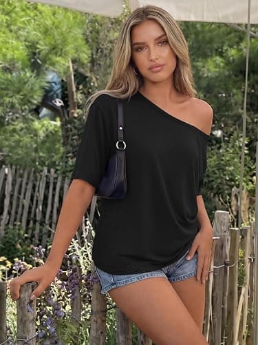 Trendy Queen Womens Off the Shoulder Tops Oversized T-Shirts Short Sleeve Tees Summer 2026 Casual Spring Clothes thumbnail 4