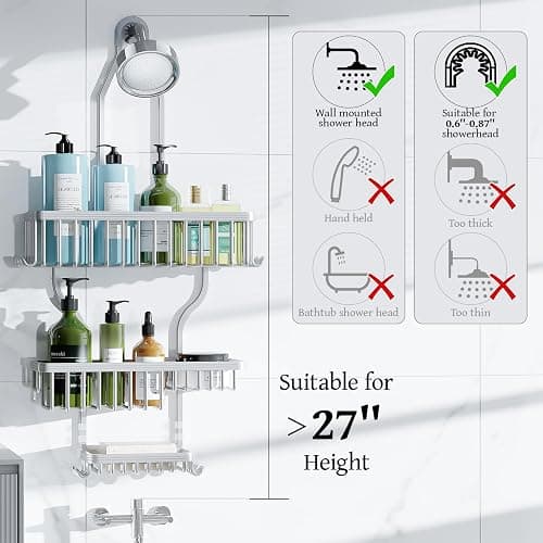 YASONIC Never Rust Shower Caddy Hanging, Aluminum Shower Racks for Inside Shower, 3-Tier Shower Organizer Hanging Over Shower Head with Hooks and Soap Holder, Silver thumbnail 9
