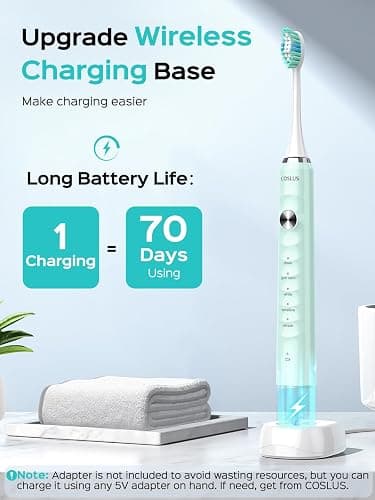 COSLUS Sonic Electric Toothbrush for Kids & Adults: 47000 VPM for Deep Cleaning & Whitening with Travel Case - 5 Modes for Sensitive Teeth & Braces, Wireless Charging, 6 Brush Heads for Home Family thumbnail 2