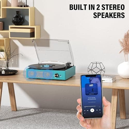 Record Player for Vinyl with 2 Build-in Speakers LP Vinyl Players Belt-Driven Vintage Turntables 3 Speed 3 Size, Wireless Bluetooth Playback, AUX-in, RCA Out, Headphone, Auto Stop Sea Blue thumbnail 6
