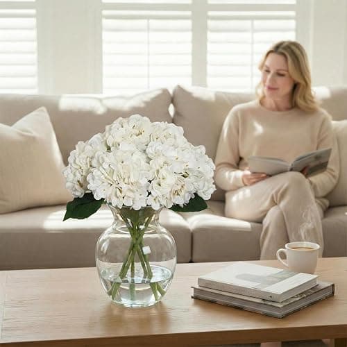 WFYTHMFLS Artificial Flower Hydrangea Fake Hydrangea, Used in The Center of The Family Bathroom Desk Shelf or Wedding Bouquet Decoration, Contains 6 White Branches thumbnail 6
