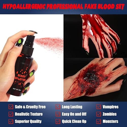 BOBISUKA 3PCS Halloween Fake Blood Makeup Kit - Coagulated 1.41oz + Spray 1.76oz + Dripping 1.76oz, Realistic Washable SFX Makeup for Zombie Monster Mouth Clothes Dress Up thumbnail 3