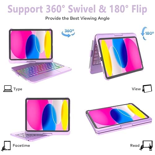 CC Store for iPad (A16) 11th 10th Generation Case with Keyboard - 7 Color Backlit 360° Swivel Multi-Touch Track Pencil Holde for iPad 11-inch A16 2025 10th Gen 10.9 Inch 2022 (Light Purple) thumbnail 5