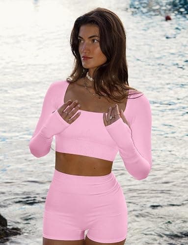 Niipty Two Piece Workout Set for Women Long Sleeve Top Matching High Waist Scrunch Butt Shorts Gym Sets Yoga Outfits thumbnail 5