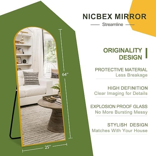 NicBex Arched Full Length Mirror, 64"x24" Aluminum Alloy Frame Full Body Mirror with Stand, Gold - Free Standing, Leaning Against Wall or Wall-Mounted, for Bedroom Living Room Dressing Room thumbnail 2