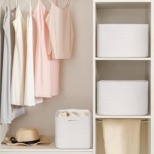 Degeyoyo Woven Storage Baskets, White Baskets for Organizing, 3 Pack Woven Basket for Storage, Decorative Storage Bins Baskets for Shelves, Towel, Toy, Book, Closet, Baby 14.96"×9.8"×8.85" thumbnail 2