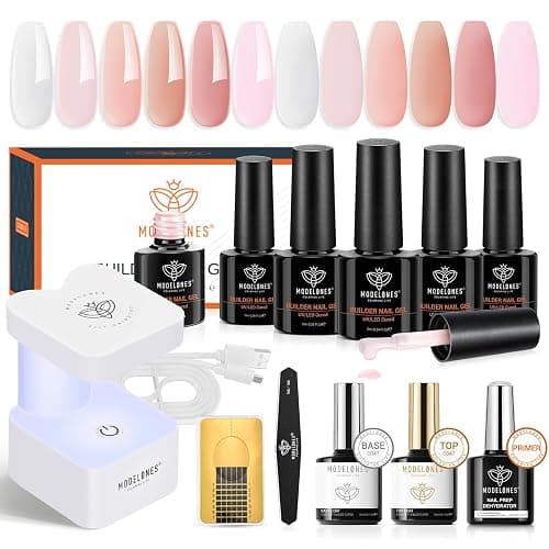 Modelones 8-in-one Nail Builder Gel Kit, 6 Colors Clear Pink Builder Gel with Mini Nail Lamp& Forms Set, for Nails Extension Strengthener Base - Image 1
