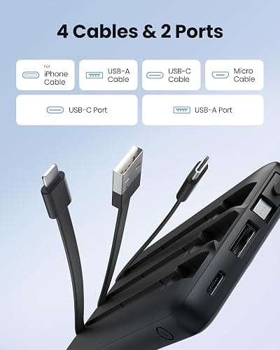 Coowisty Portable Charger with Built-in Cables, Slim 10000mAh Power Bank with USB C, Travel Essentials External Battery Pack 5 Outputs 2 Inputs LED Display Compatible with iPhone/Android & More(Black) thumbnail 2