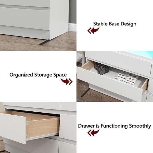 Gyfimoie White 6-Drawer Dresser for Bedroom w/Power Outlet and LED Light | Modern Double Dresser with 2 Open Cubbies, Spacious Chest of Drawers, and TV Stand Function for Living Room thumbnail 8
