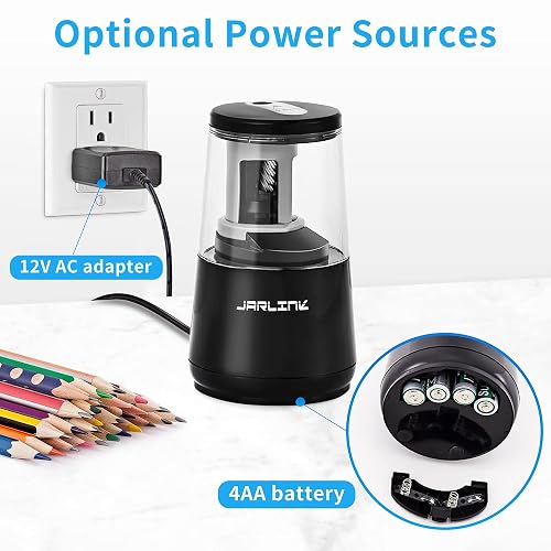 JARLINK Electric Pencil Sharpener, Heavy-Duty Helical Blade to Fast Sharpen, Auto Stop for No.2/Colored Pencils(6-8mm), AC Adapter/Battery Operated in School Classroom/Office/Home (Black) thumbnail 5