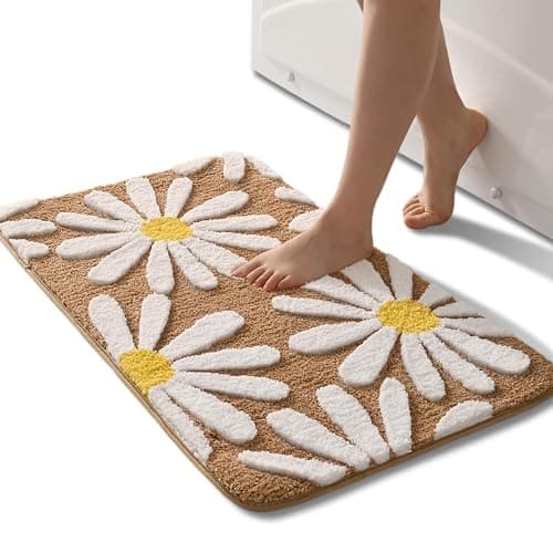 QJHOMO Brown Bathroom Rugs Cute Daisy Bath Mat White and Yellow Flower Decor Rug Non Slip Floor Carpet Microfiber Bathmat Super Absorbent Machine Washable Bathtub Mats for Shower (16x24 inch) - Image 1