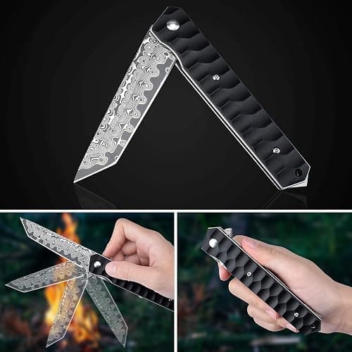 AUBEY Damascus Pocket Knife with Clip, Tanto Blade Damascus Steel Folding Knives for Men Tactical, Aluminum Handle with Glass Breaker for EDC Camping Gift thumbnail 7