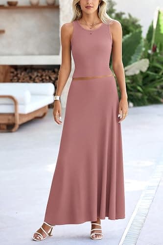 PRETTYGARDEN Women's 2 Piece Maxi Skirt Sets Casual Summer Knit Cropped Tank Top High Waisted Long Skirts Outfit thumbnail 7