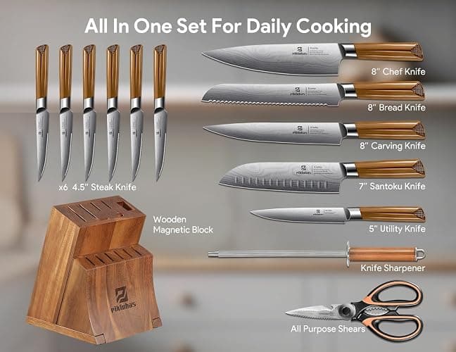 Kitchen Knife Sets With Block, Piklohas 15 Pieces Knife Sets With Magnetic Detachable Knife Holder, High Carbon Steel Damascus Pattern Chef Knife Set With Steak Knives, Ideal For House Warming Gift thumbnail 7