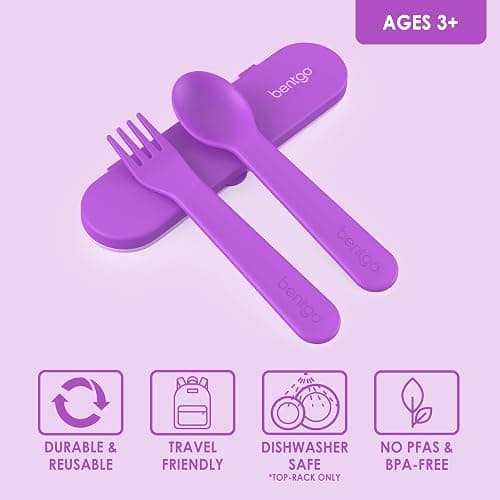 Bentgo Kids Plastic Utensil Set - Reusable Fork, Spoon & Storage Case, PFAS- & BPA-Free, Easy-Grip Handles, Lightweight, Dishwasher Safe, School Lunch, Travel & On-the-Go (Purple) thumbnail 4