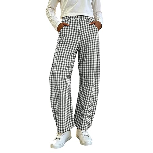 Women Barrel Checkered Pants High Waistband Baggy Lounge Trousers Fashion Plaid Wide Leg Pant with Pockets thumbnail 2