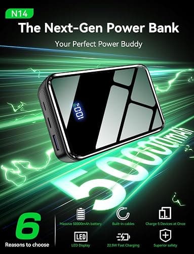 YBYP Portable Charger Power Bank 50000mAh, 22.5W Fast Charging Portable Charger with Built-in Cables, Travel Camping 4 Outputs External Battery Pack, LED Display for iPhone, Android, iPad, Black thumbnail 4