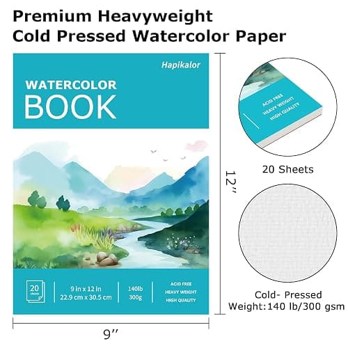 Hapikalor Watercolor Paper Pad, 9"x12" Water Color Paper, 140lb/300gsm Artist Painting Drawing Paper Book, Art Supplies for Adults Kids, Watercolors, Watercolor Paint Set, Sketchbook, Journal, Teal thumbnail 2