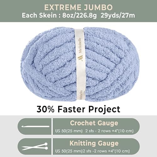 Mellobello Jumbo Chunky Yarn for Hand Knitting - Super Thick Chenille Chunky Yarn for Crocheting - Extra Soft Bulky Fluffy Blanket Big Yarn 8 Jumbo Pack (27yds,8 oz Each Skein) Lake Blue thumbnail 4