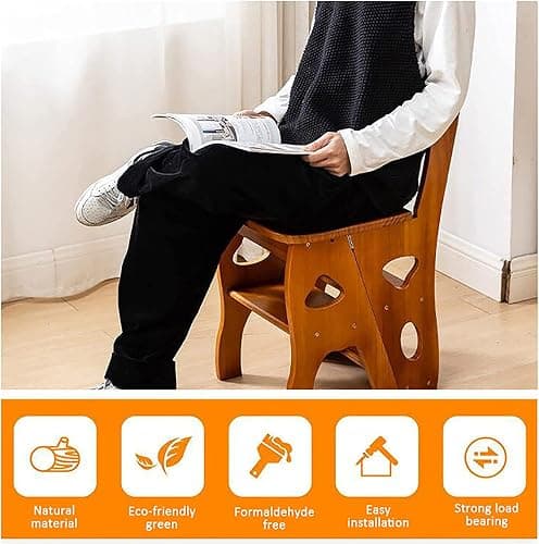 Wooden Folding Library Ladder Chair, 4-Storey Portable Multi-Function Step Stool, Indoor and Outdoor Display Rack Flower Rack (Walnut) thumbnail 4