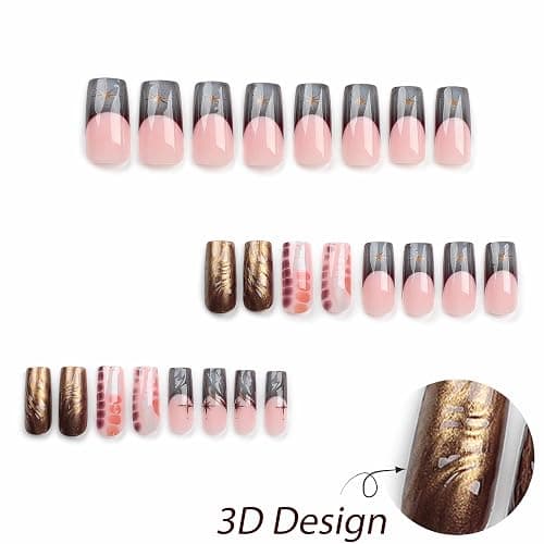BABALAL Square Press-on Nails - Long Fake Nails with French Tip, Glue-on with 3D Water Wave Designs, Squoval Tips - 24pcs Set of Brown Chrome Acrylic False Nails Y2k Style for Women and Girls thumbnail 3