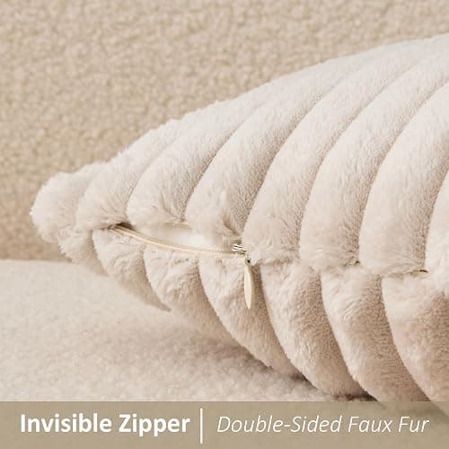 Kevin Textile Soft Plush 14x36 Inch Long Lumbar Pillow Cover 1 Pack, Luxury Fluffy Faux Fur Striped Flannel Rectangle Body Cushion Case for Couch Sofa Chair Bed Home Decor, Beige thumbnail 3