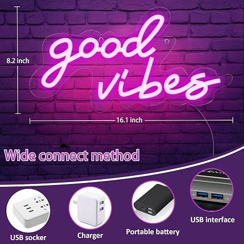 Good Vibes Neon Sign with Dimmable Switch Powered by USB, Super Bright Pink LED Neon Signs for Wall Decor,Neon Lights for Bedroom(16.1 * 8.3") thumbnail 2