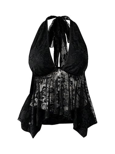 GORGLITTER Women's Plus Size Goth Lace Halter Tops Y2k Backless Sheer Ruffle Top Grunge Clothes - Image 1